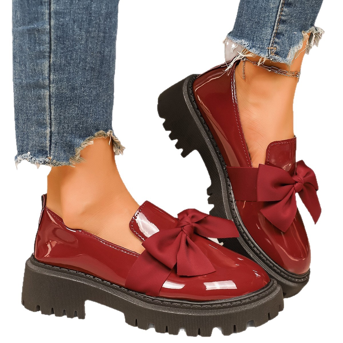 Women's Lus Size Bow Low Top Single Shoes Slip-On Leather Thick Soled Autumn New Style Size 43_vogvips.com