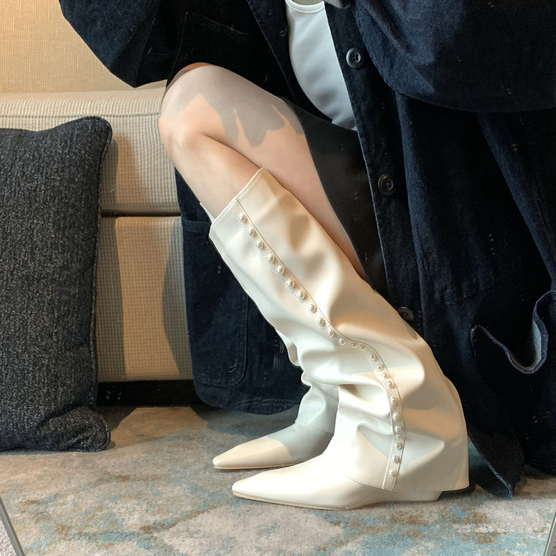 Make Your Legs Look Slimmer! White Bootie-Style Boots 2023 New Trendy Pointed-Toe Wedge High-Heeled Over-The-Knee Long Boots for Women Make Your Legs Look Slimmer! White Bootie-Style Boots 2023 New Trendy Pointed-Toe Wedge High-Heeled Over-The-Knee Long Boots for Women