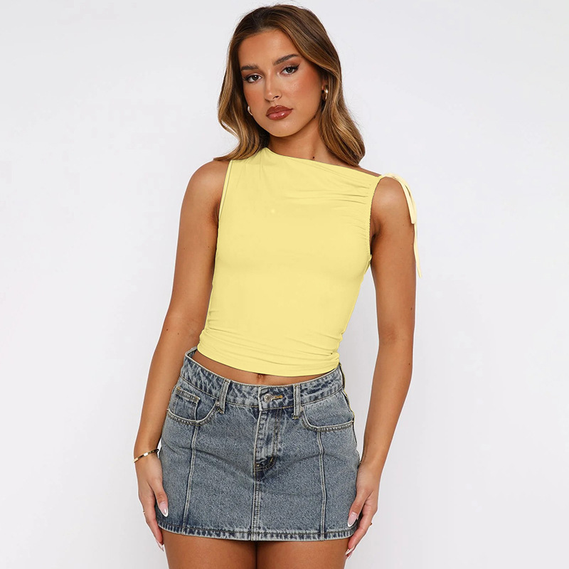 Unique Asymmetrical Neck Crop Top With Drawstring For Women_voghion.com