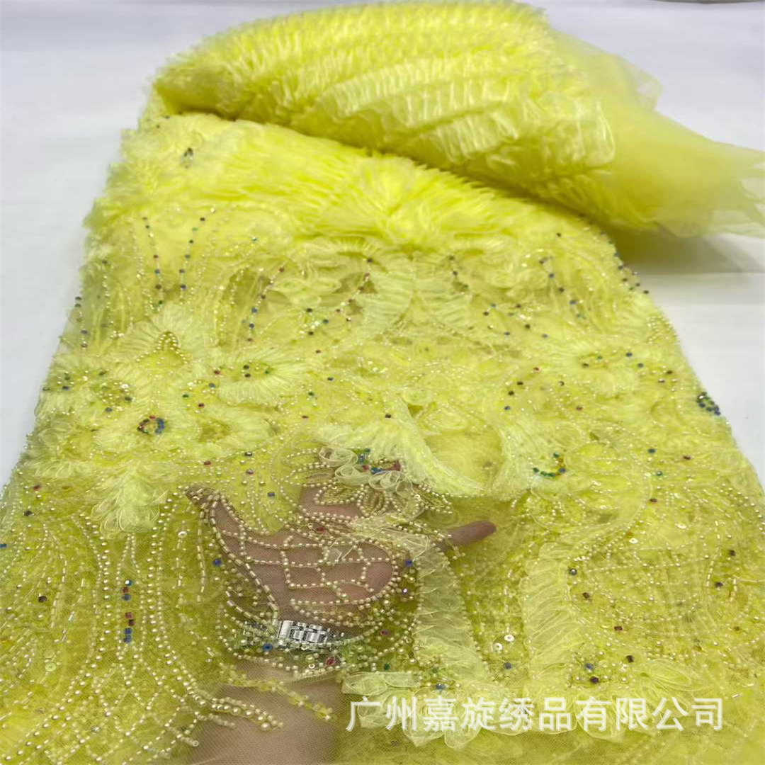Bordado tridimensional a rayas cuentas de flores bordadas de tela de lentejuelas malla inferior apliques vestido de los niños vestido de tela