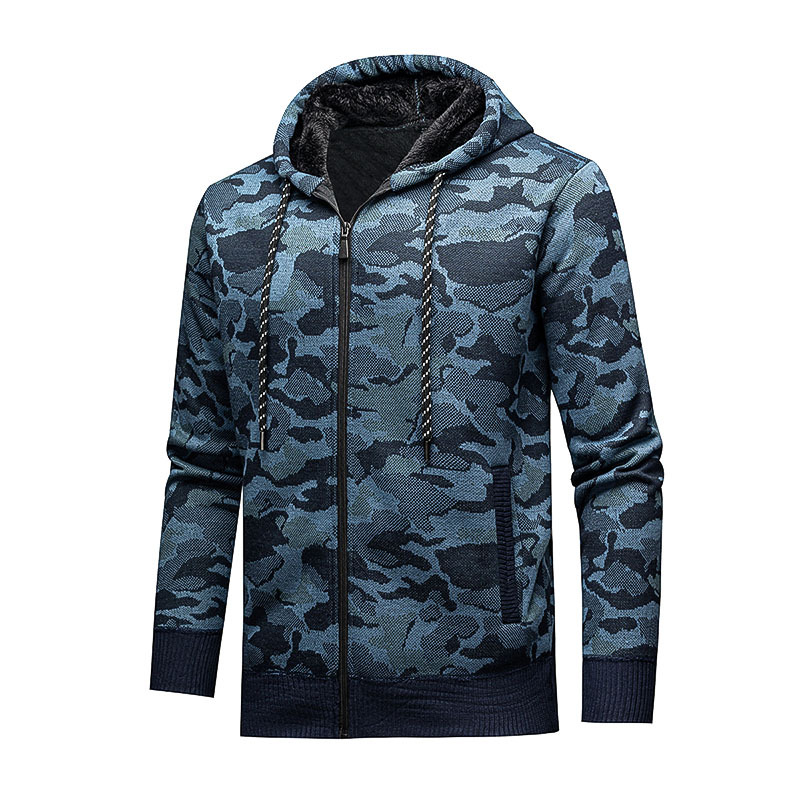 Comercio exterior otoño y invierno nuevo suéter de hombre chaqueta de camisa de punto gruesa cardigan casual chaqueta impresa de camuflaje con capuzas