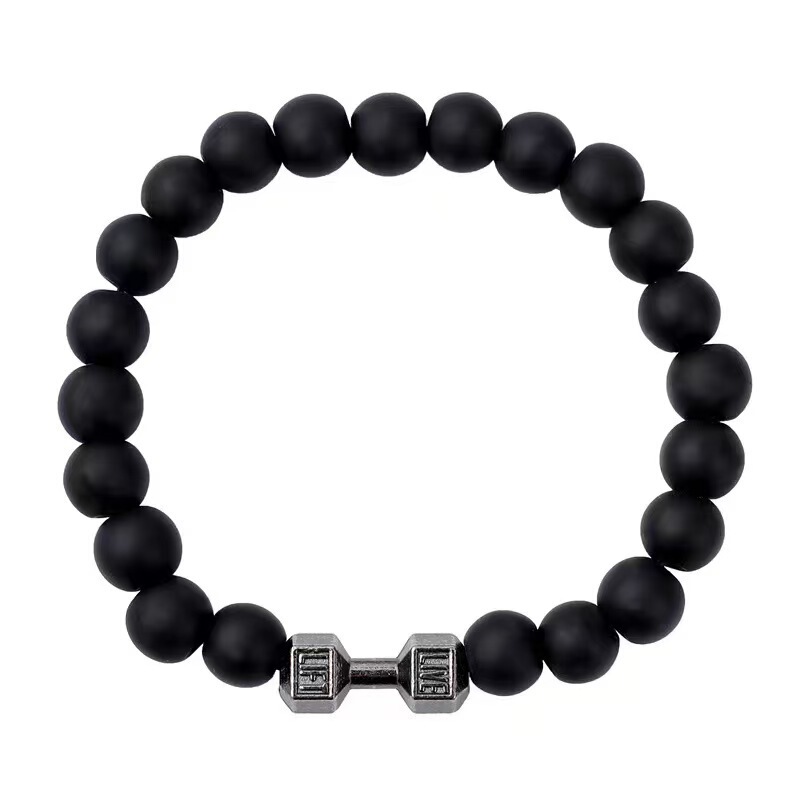 Black Charm Dumbbell Bracelet Men's Gym Brotherhood Bracelet 8mm Natural Volcanic Lava Elastic Beads
