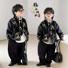 男童新中式外套2025春新款儿童拼皮夹克唐装男宝国风喜鹊礼服