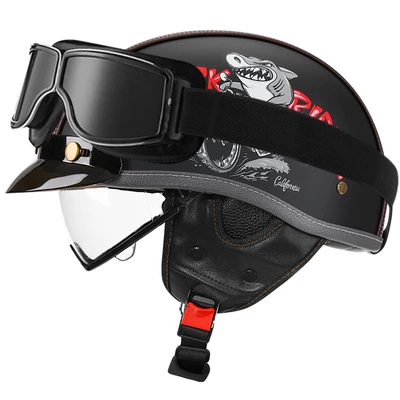 Motosiklet kaskı (dəbilqə) — Retro Motorcycle Helmet Leather Helmet for - yahei-shark-bully-transparent-square-retro-mirror-m