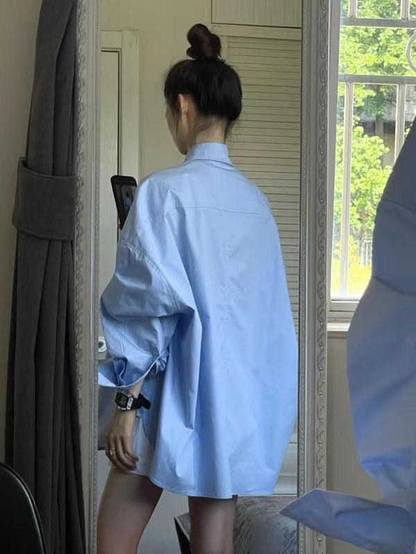 JYCCCCCC白色长袖衬衫女宽松纯色慵懒风早秋上衣女装日韩慵懒衬衫|undefined