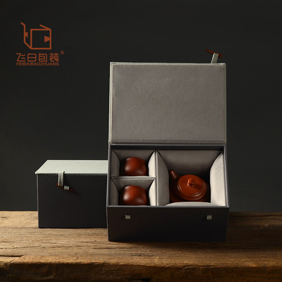 天青灰布盒实木复古骨针搭扣简约一壶两杯四杯布艺包装收纳礼品盒