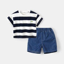 男童t恤短袖牛仔短裤套装夏装2024新款儿童半袖条纹上衣潮童