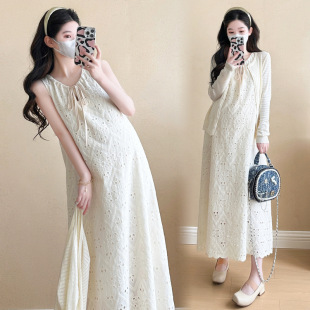 Maternity Wear Korean Style Two-Piece Elegant Lace Skirt to Cover Belly, High-End Dress, Autum Sun Protection Cardigan Suit, Trendy