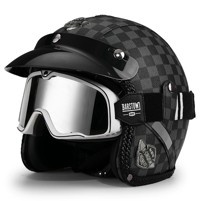 Motosiklet dəbilqələri | locomotive warm half helmet autumn - m-light-gray-plaid-print-black-and-white-striped-goggles-free-brim-face-towel