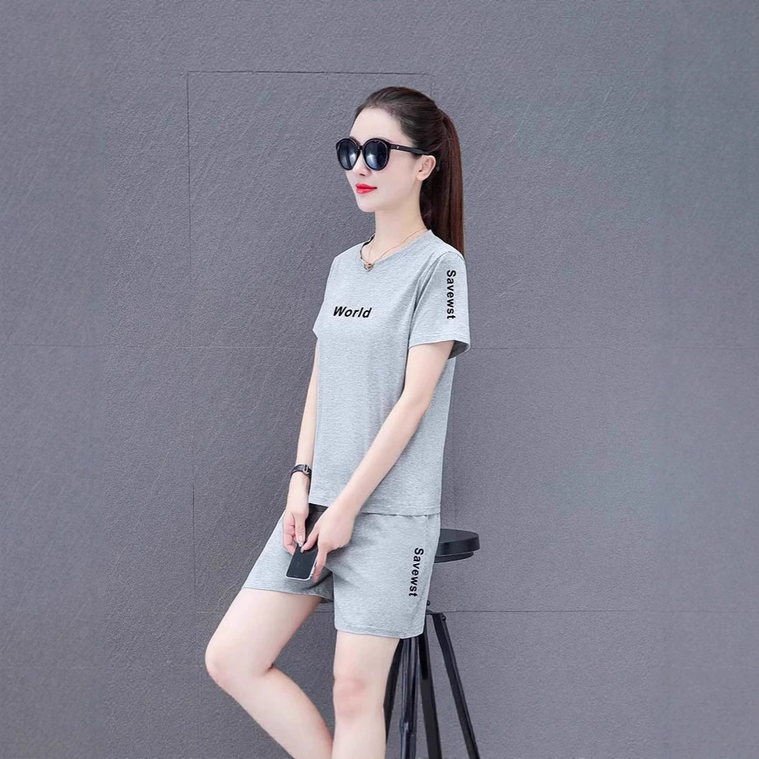 Спортивный костюм из чистого хлопка для женщин, летняя повседневная одежда с круглым вырезом и пятью точками, спортивная одежда с короткими рукавами, одежда для квадратных танцев, комплект из двух предметов