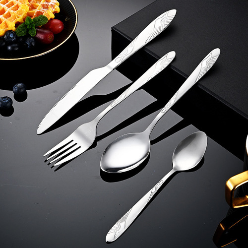 Engraved, Thickened Stainless Steel Cutlery Set - Spoons, Forks, and Knives with a Refined Vintage Design, Suitable for Western Cuisine, Including Steak Knives, Forks, and Soup Spoons, Wholesale