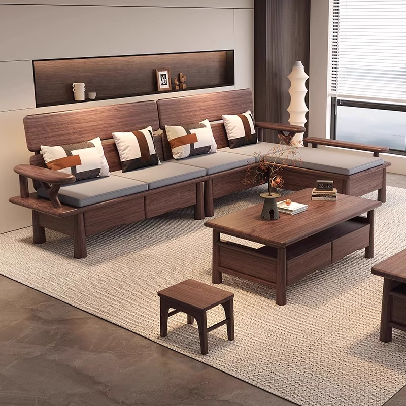 Black Walnut Solid Wood Sofa Combination Chinese Style Living Room Home Multi-Functional Storage Large and Small Apartment High-End Wooden Sofa