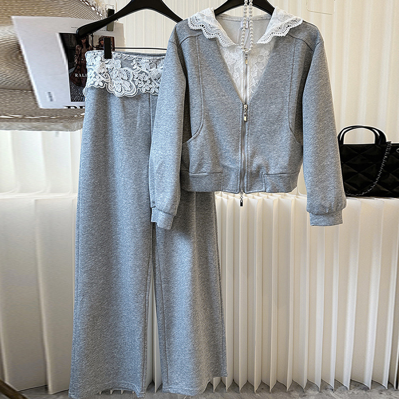 Fashion Sports Suit Women's Fake Two-Piece Short Jacket 2025 Spring & Fall New Lace Hooded Sweatshirt Two-Piece Set