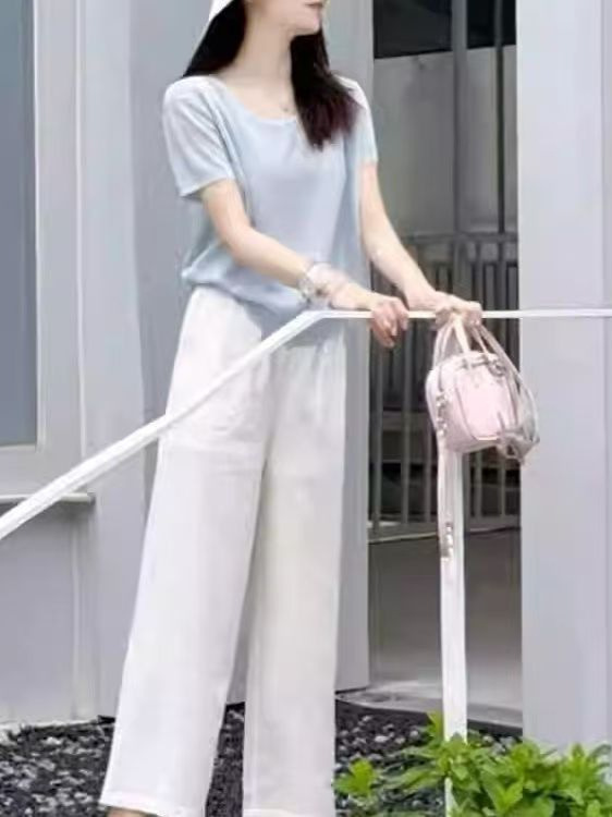 リラックスした夏服、ファッショナブルで高級感のある痩身と年齢軽減のブルー半袖カジュアルパンツの女性用2点セット|undefined