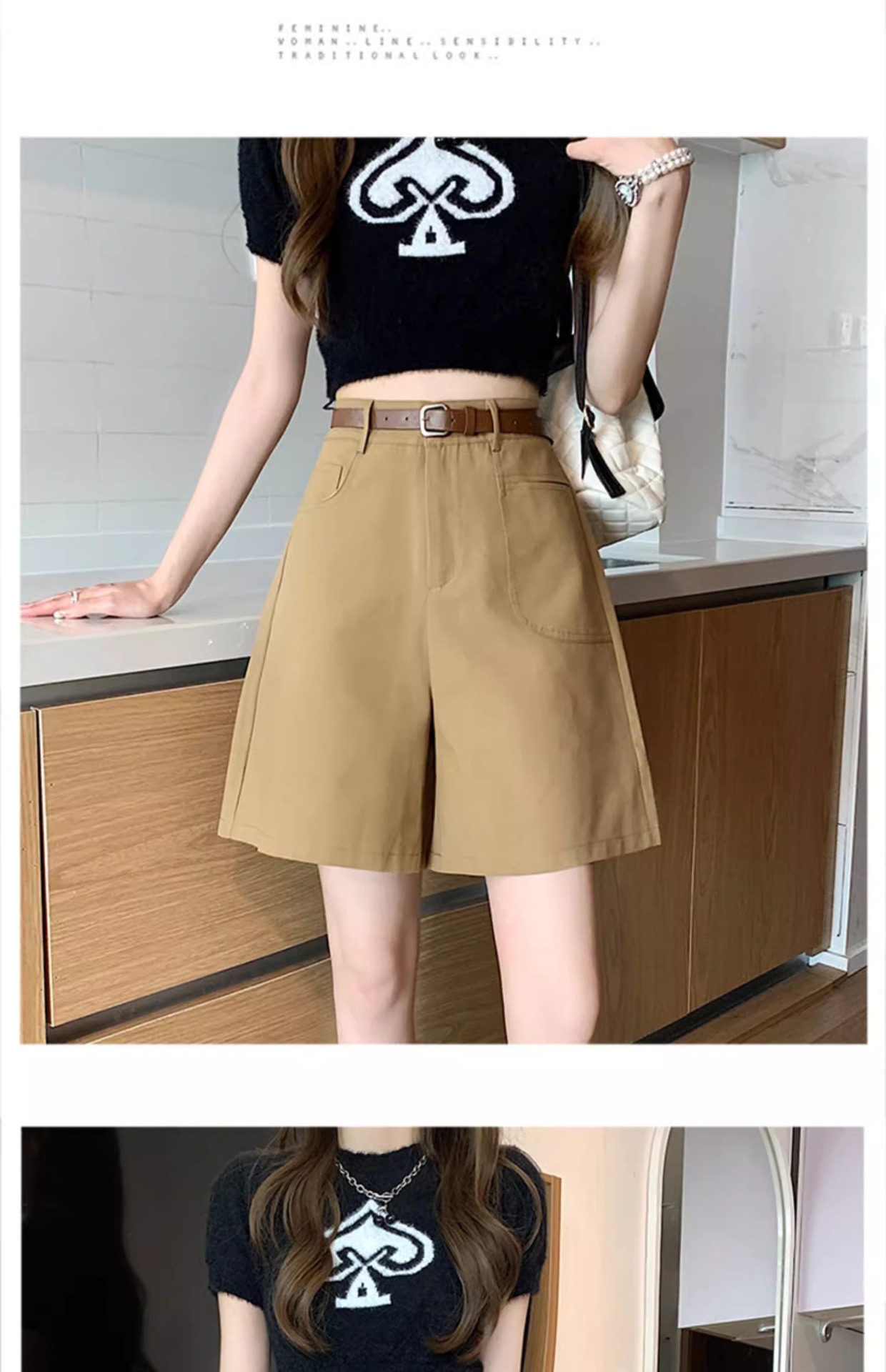 Quần short nữ cạp cao ống rộng dáng suông dài ngang đùi kiểu Hồng Kông — Màu đen chi tiết 18