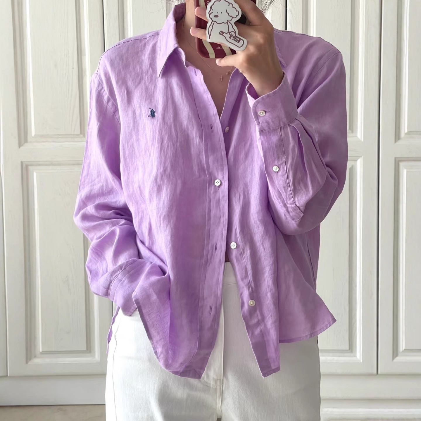 High-quality RL linen shirt with embroidered pony logo, unisex, slimming and versatile.