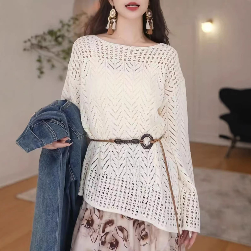 2026 Spring/Summer Gentle Style Off-Shoulder Hollow Out Thin Long-Sleeve Knitted Sweater for Women, Loose Sun-Protective Knitted Cover-Up Top