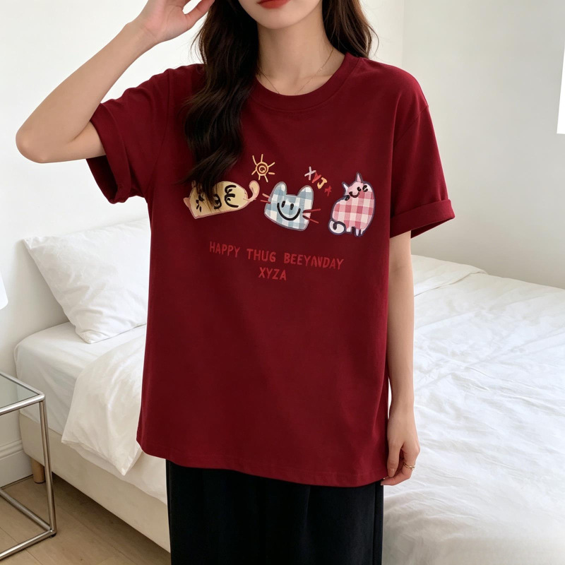 Gray Short-Sleeve T-Shirt for Women, Summer 2026 New Style, American Cartoon Design, Loose Cotton Half-Sleeve Top, Trendy T-Shirt Gray Short-Sleeve T-Shirt for Women, Summer 2026 New Style, American Cartoon Design, Loose Cotton Half-Sleeve Top, Trendy T-Shirt