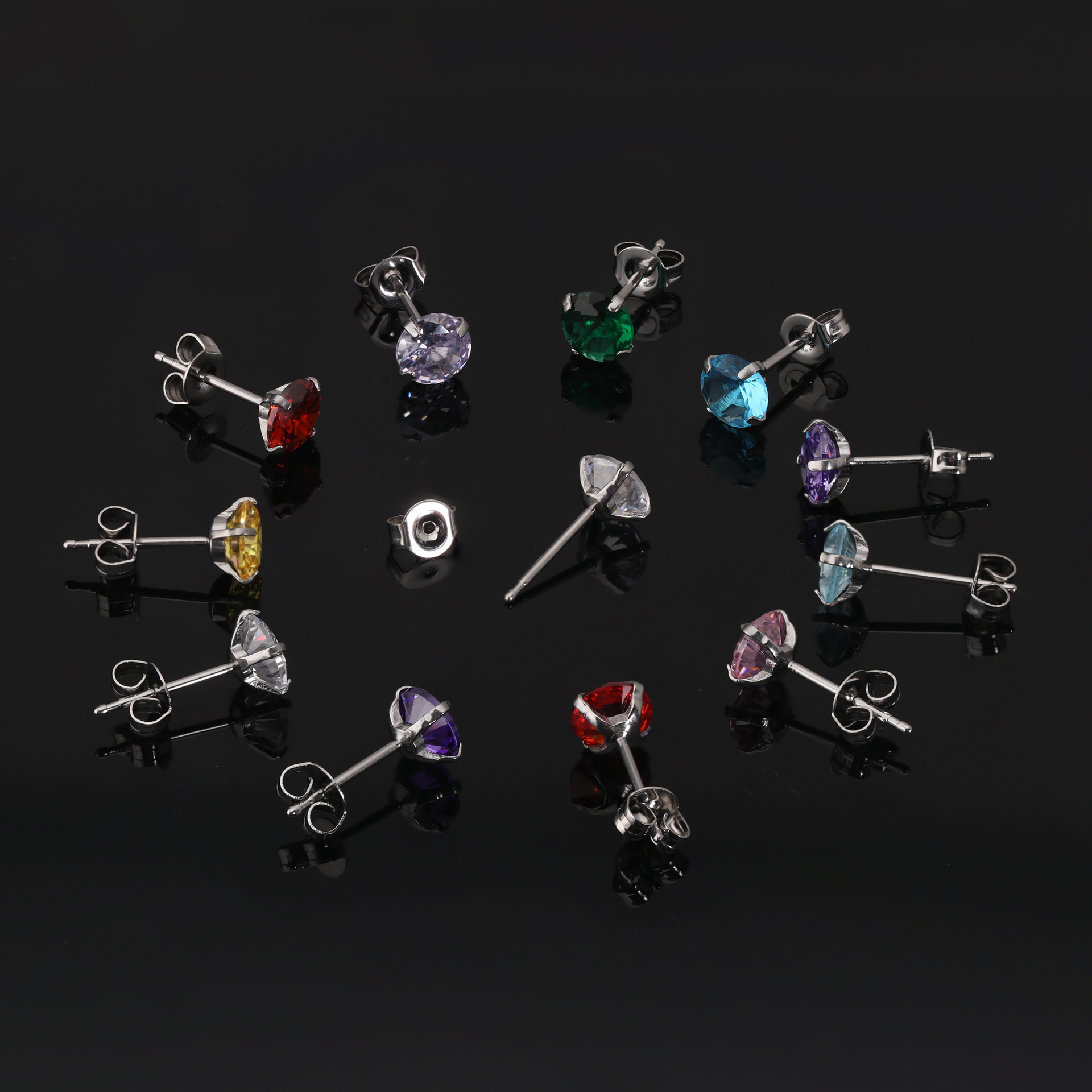 Cross-border Hot Sale Stainless Steel Pin Four-claw Zircon Earrings European and American Fashion Twelve Constellation Color Zirconium Earrings Earrings for Women