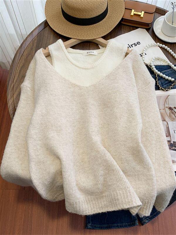 Soft and casual style autumn women's off-shoulder sweater two-piece set, loose-fitting layered knit top for women