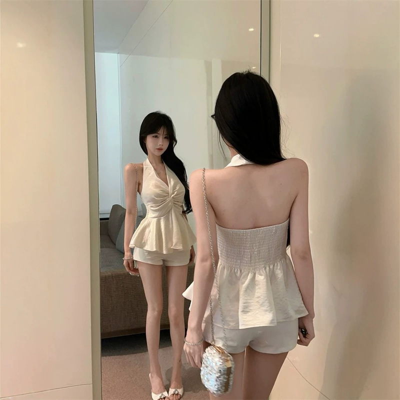 Sexy Hot Girl Satin V-Neck Backless Blouse for Women, New Summer Style, Waist-Cinching, Strapless, Ruffled, Slimming Hot Girl Top Sexy Hot Girl Satin V-Neck Backless Blouse for Women, New Summer Style, Waist-Cinching, Strapless, Ruffled, Slimming Hot Girl Top