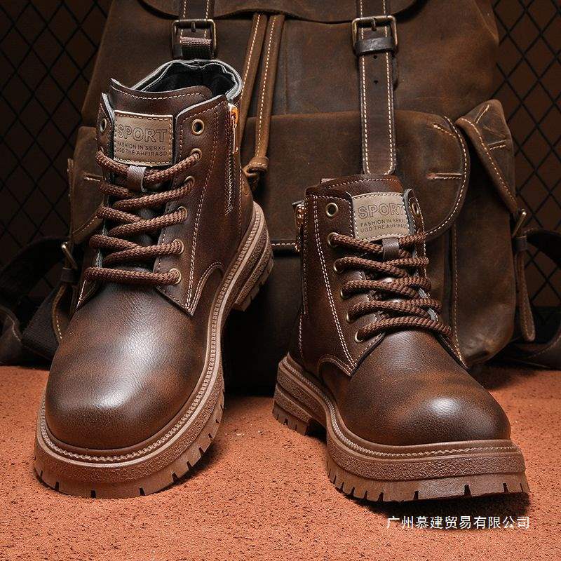 Boots Men's All-Season High-Top British Style Retro Casual Versatile Short Leather Boots Thick-Soled Heightening Soft Leather Work Boots