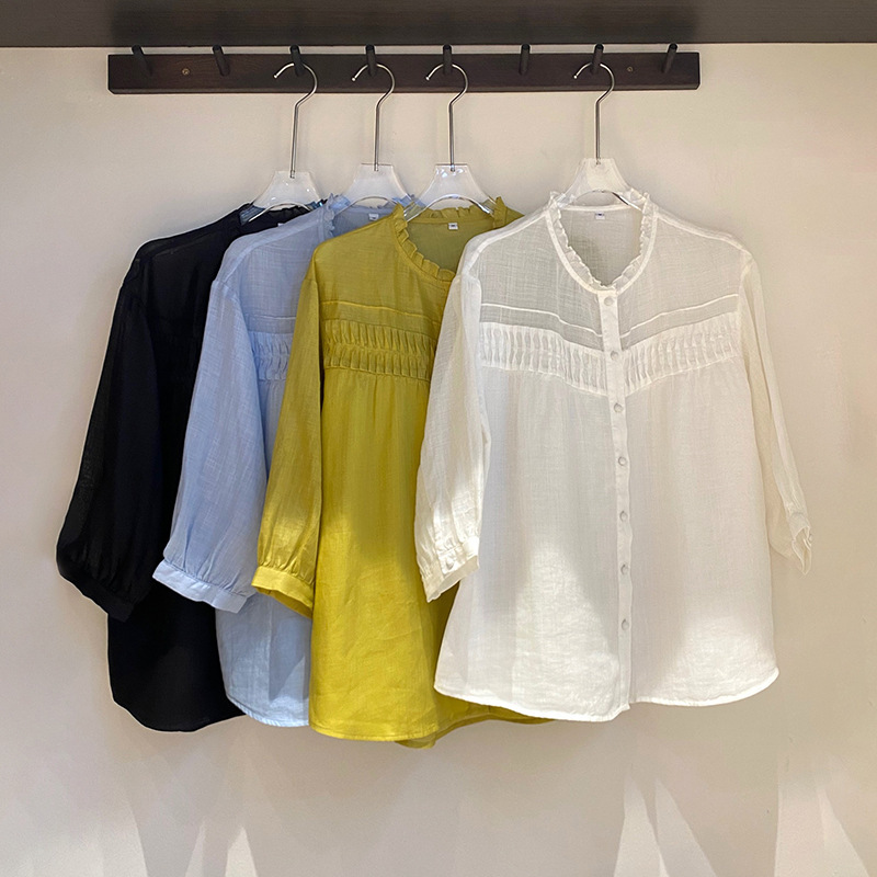 Pius 100% Ramie French Elegant Lace Collar Puff Sleeve Blouse for Women, Light and Cool Accordion Pleated Shirt