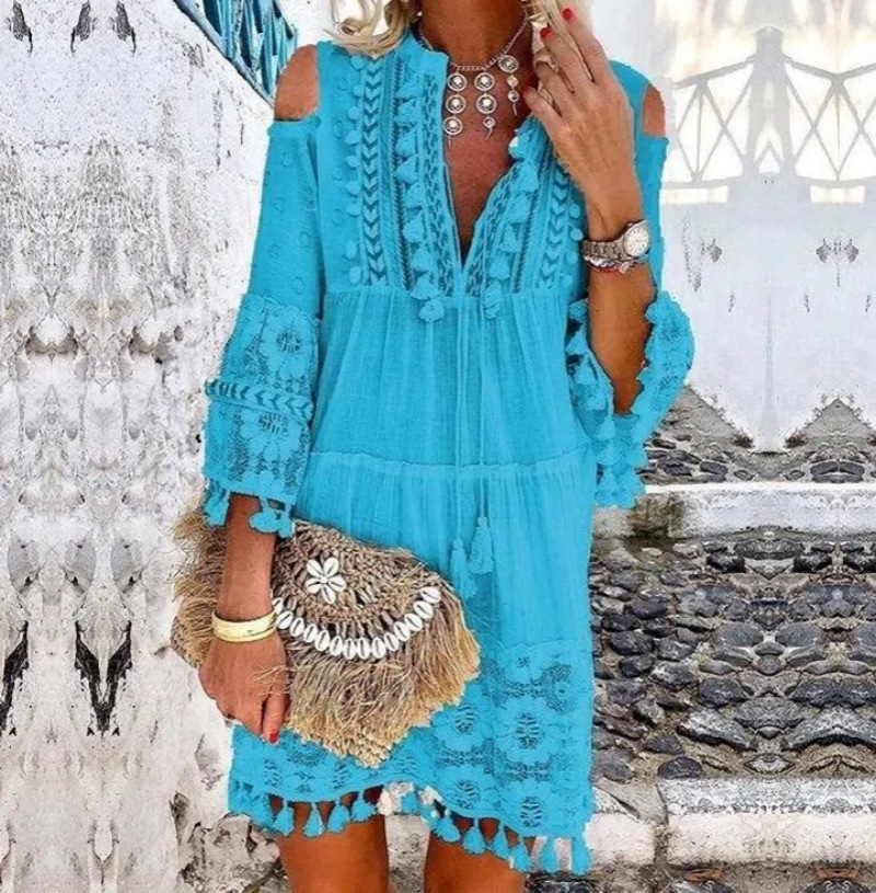 Women's Boho Dress Ethnic Style V Neck Tassel Hollow Out 3/4 Length Sleeve Solid Color Above Knee Travel display picture 5