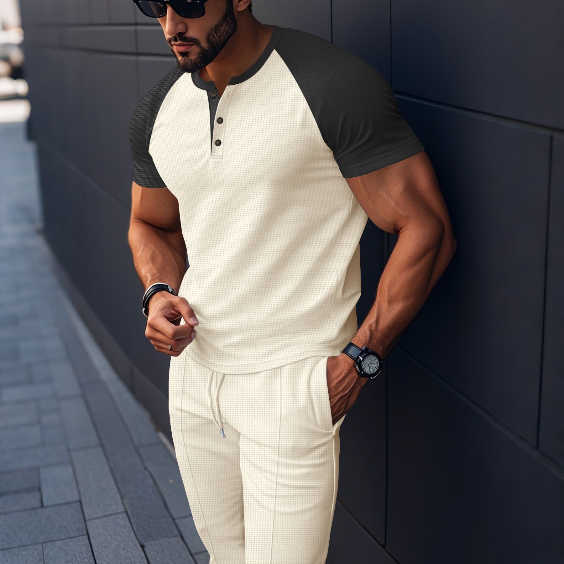 Men's Clothing Men's Summer Waffle Knit Crew Neck Color Block T-Shirt Short Sleeve Casual Outdoor Set For Formal & Casual_viptrois.com