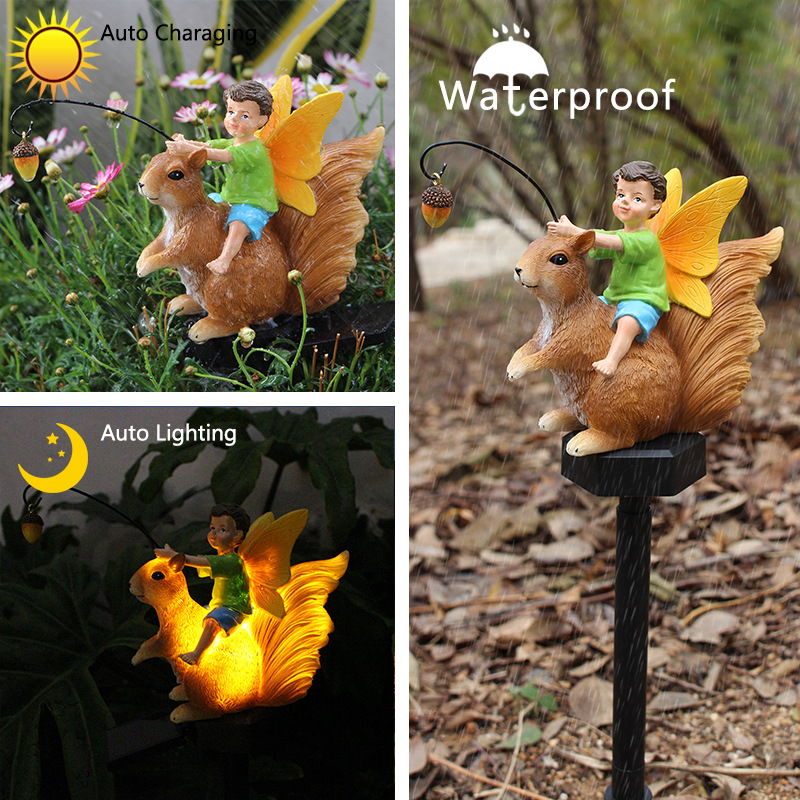 American country solar light Squirrel Boy plug-in garden solar flower arrangement decoration cartoon animal  lot