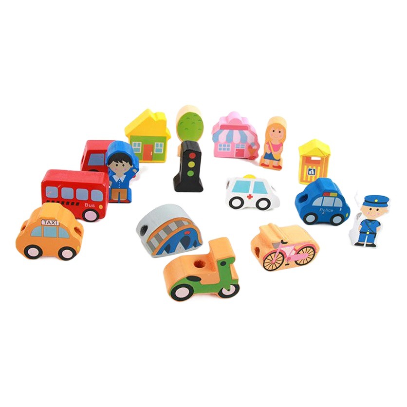 Bloques de construcción de la ciudad de partículas grandes de madera con cuentas bebé cadena Hilo cuentas juego niños cadena música