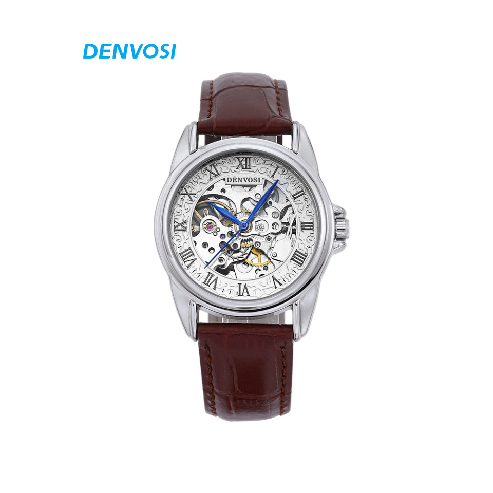 热销男士机械表全自动镂空骨雕防水真皮表带陀飞轮机械表批发