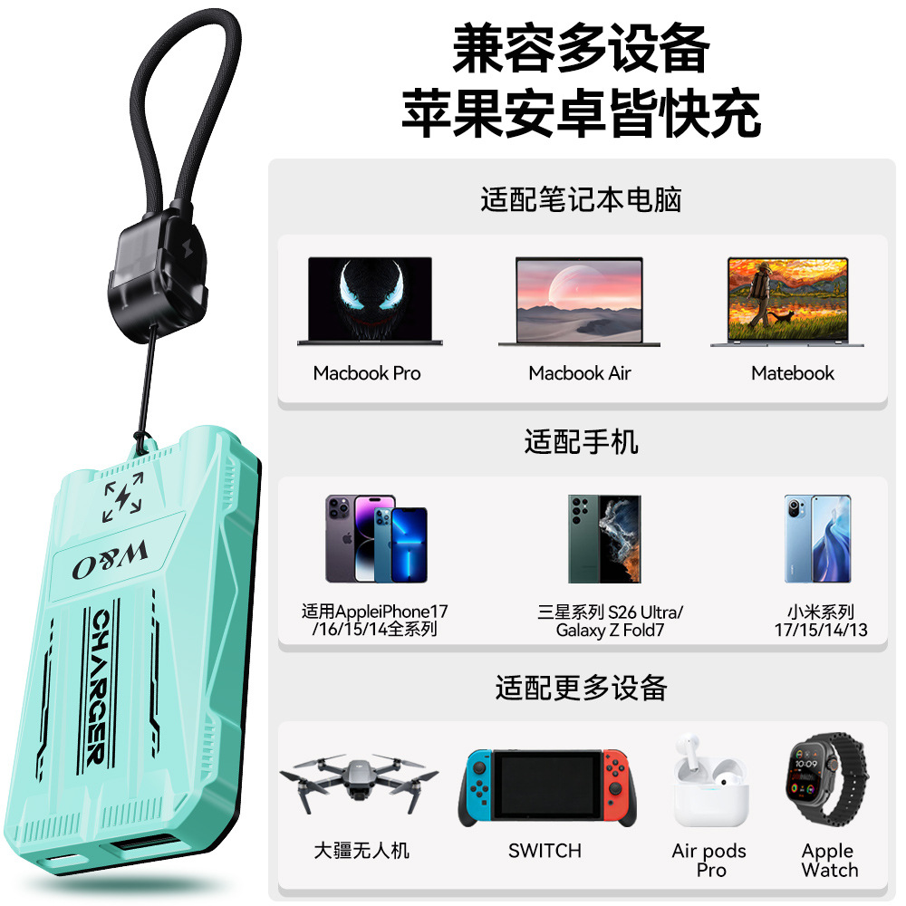 Cargador de teléfonos móviles transfronterizos PD cabezal de carga plegable cable retráctil GaN para Apple Huawei cabezal de carga rápida de teléfonos móviles
