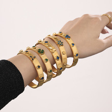 鑫艺鑫不锈钢手镯花卉镶嵌锆石捷克玻璃卡扣齿轮镯子组合欧美热销