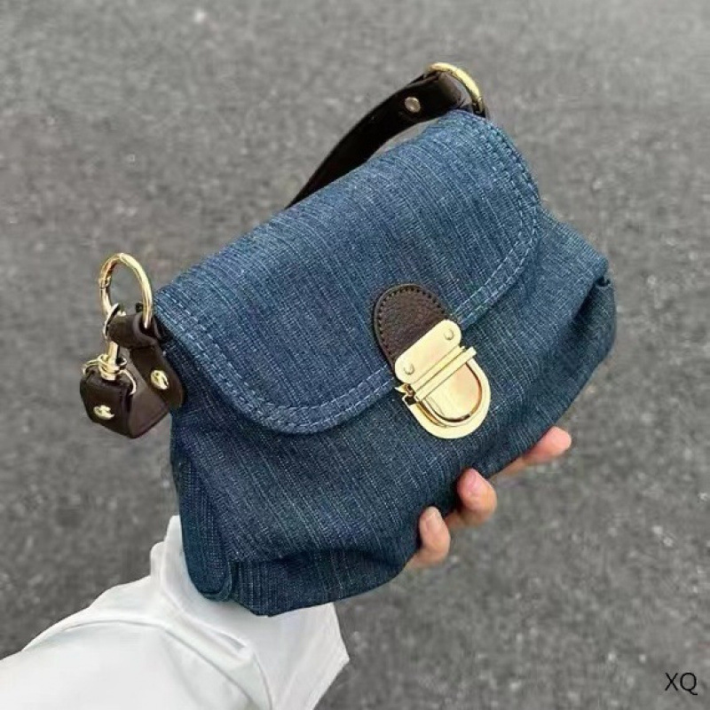 Vintage Commuter Versatile Contrast Fashionable Handbag Women's Denim Lock Folded Bag Niche Shoulder Underarm Bag