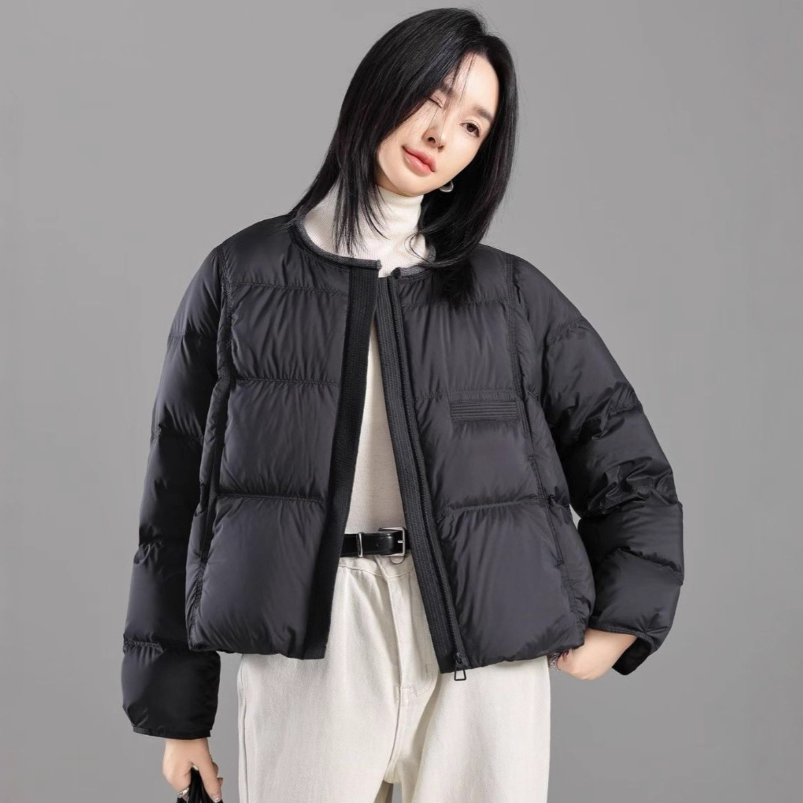 Fashionable design knitted elegant down jacket with a round collar