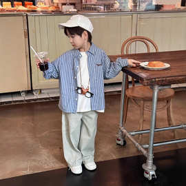 男女童条纹衬衫纯棉秋装新款学院风衫衣儿童韩版休闲刺绣上衣洋气