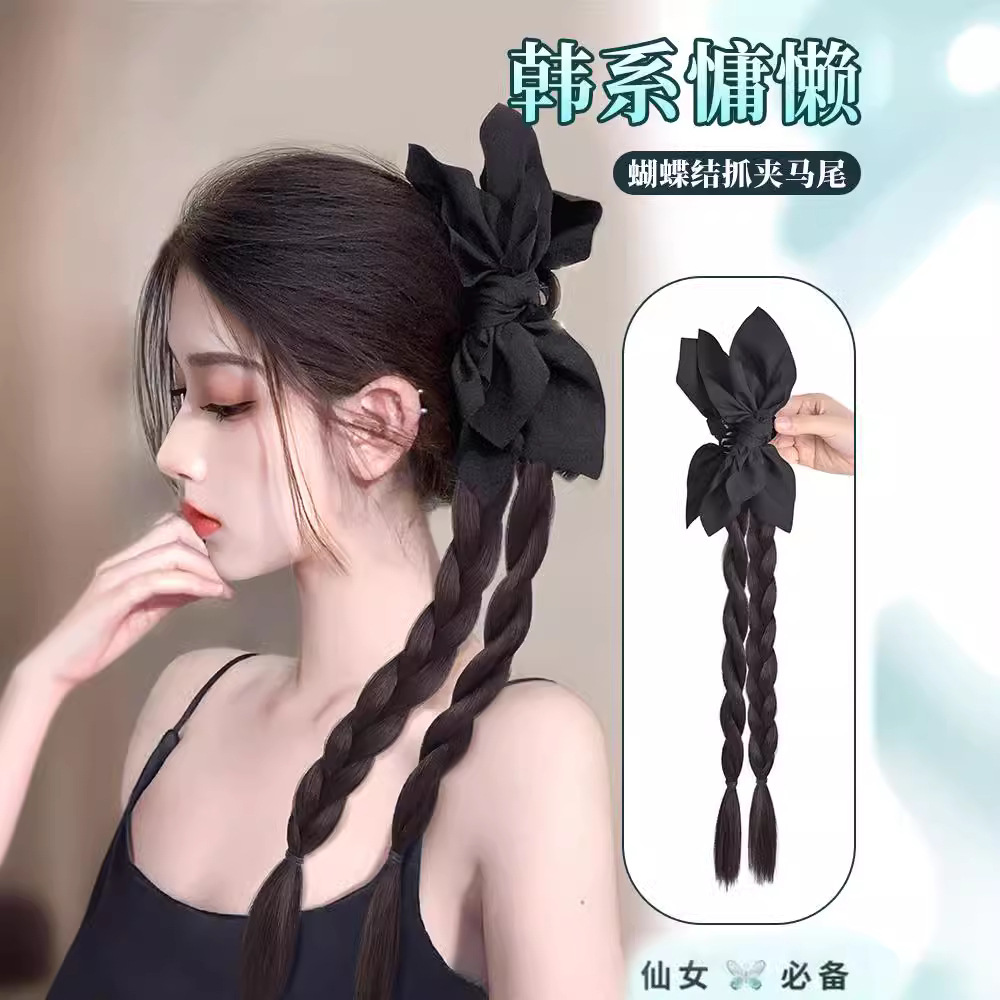Koni ヘアクリップ ポニーテールウィッグ 女性用 ブラックリボンと編み込みスタイル - リアルな中国ハーフアップヘアピース