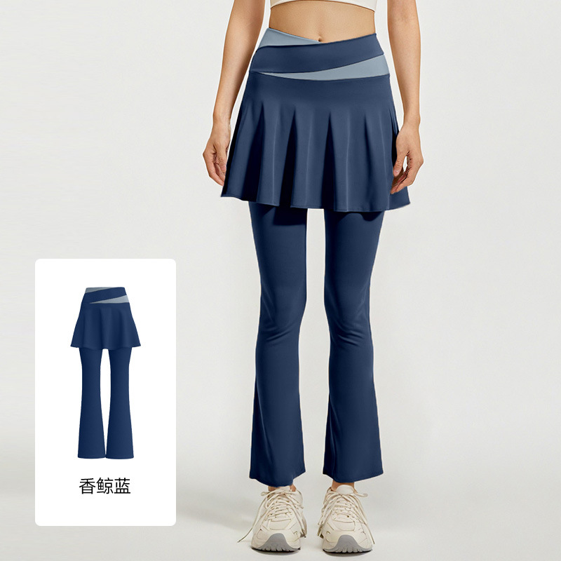 Los nuevos pantalones de falda de cuerno a juego de color de Juyitang son elásticos y delgados, falsos dos pantalones de yoga para correr de cintura alta