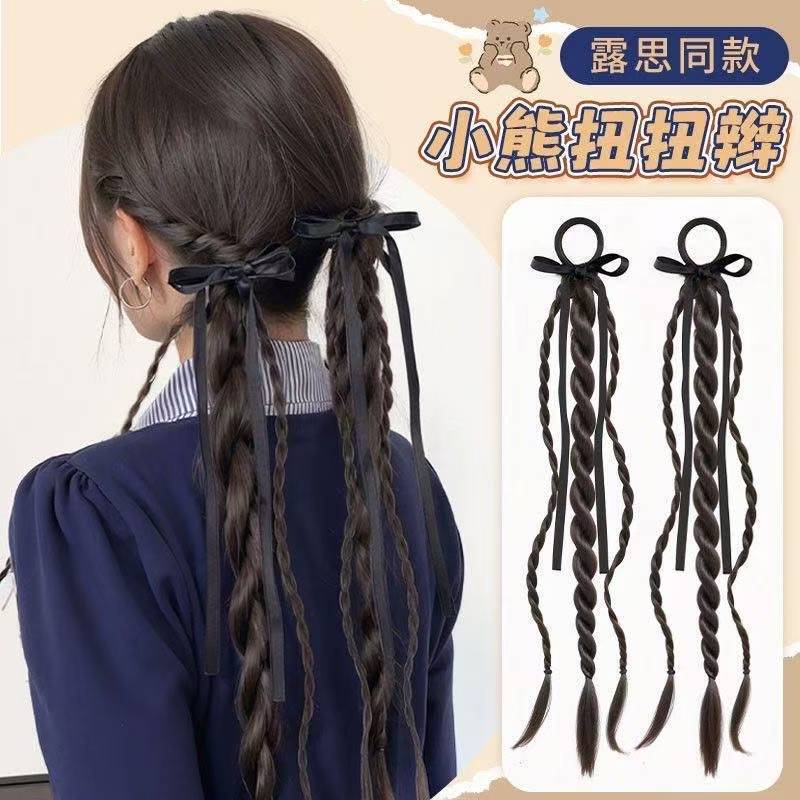 Little Bear Ribbon Twist Braid Natural Realistic Hair Academy Ballet Style New Chinese Style Ponytail Double Twist Ribbon Braid