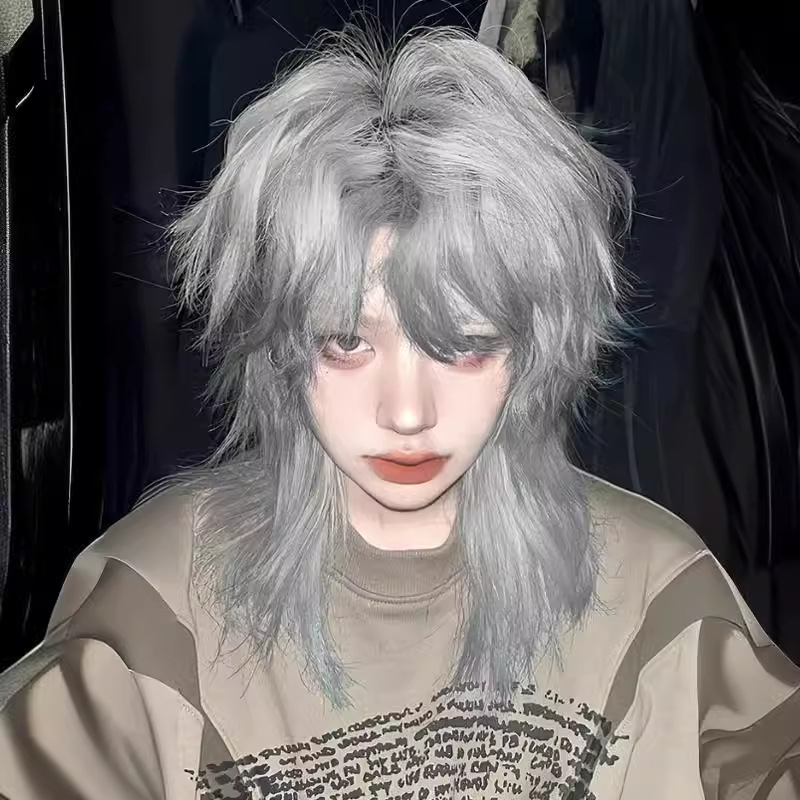 Cheng Ming Wolf Tail Wig Male and Female Samurai Head Silver Gray Short Hair Handsome Mullet Head Neutral Natural Full Head Cheng Ming Wolf Tail Wig Male and Female Samurai Head Silver Gray Short Hair Handsome Mullet Head Neutral Natural Full Head
