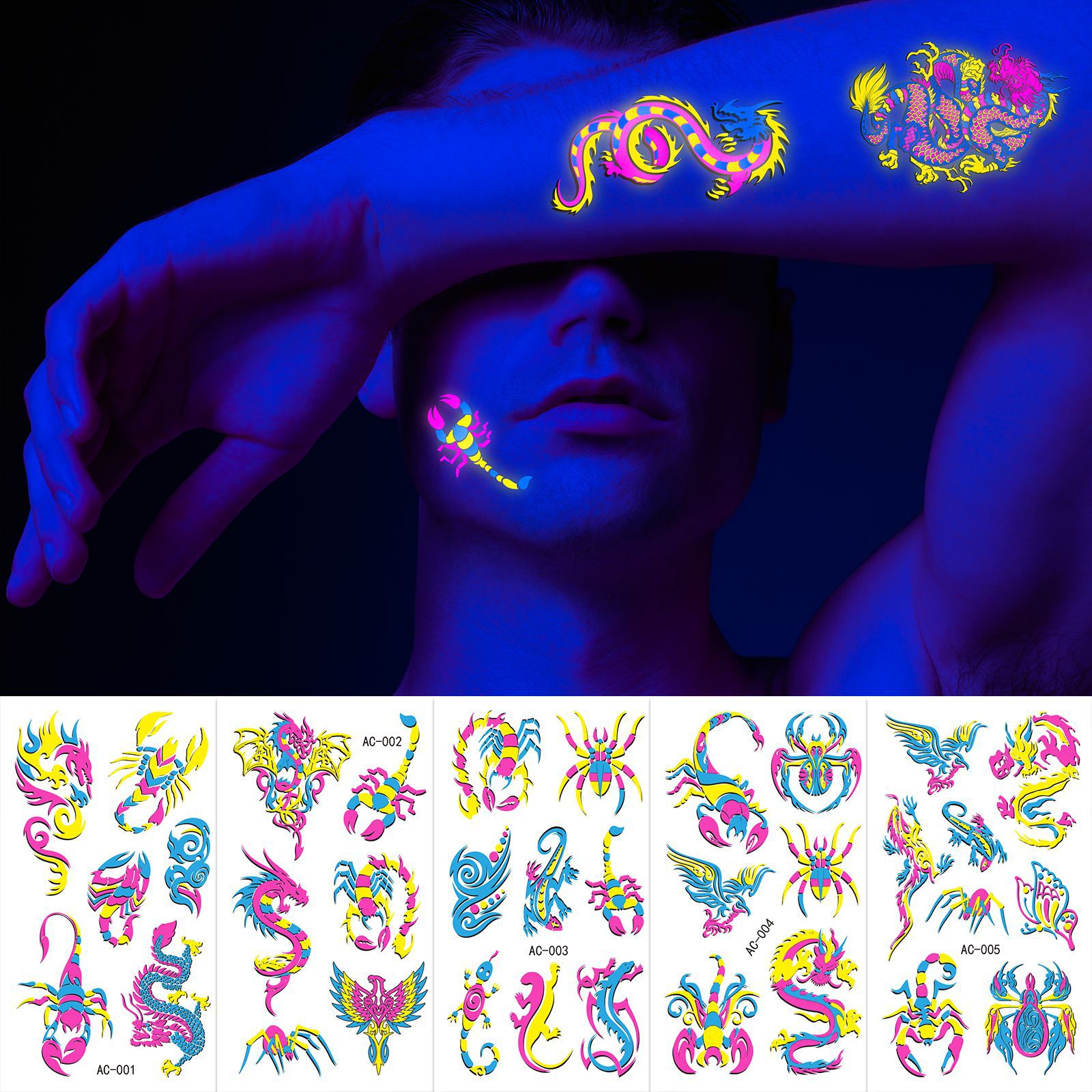 2023 nuevo club nocturno transfronterizo fluorescente tatuaje cara pegatinas impermeable dragón Tigre flor pluma neón luminoso tatuaje pegatinas