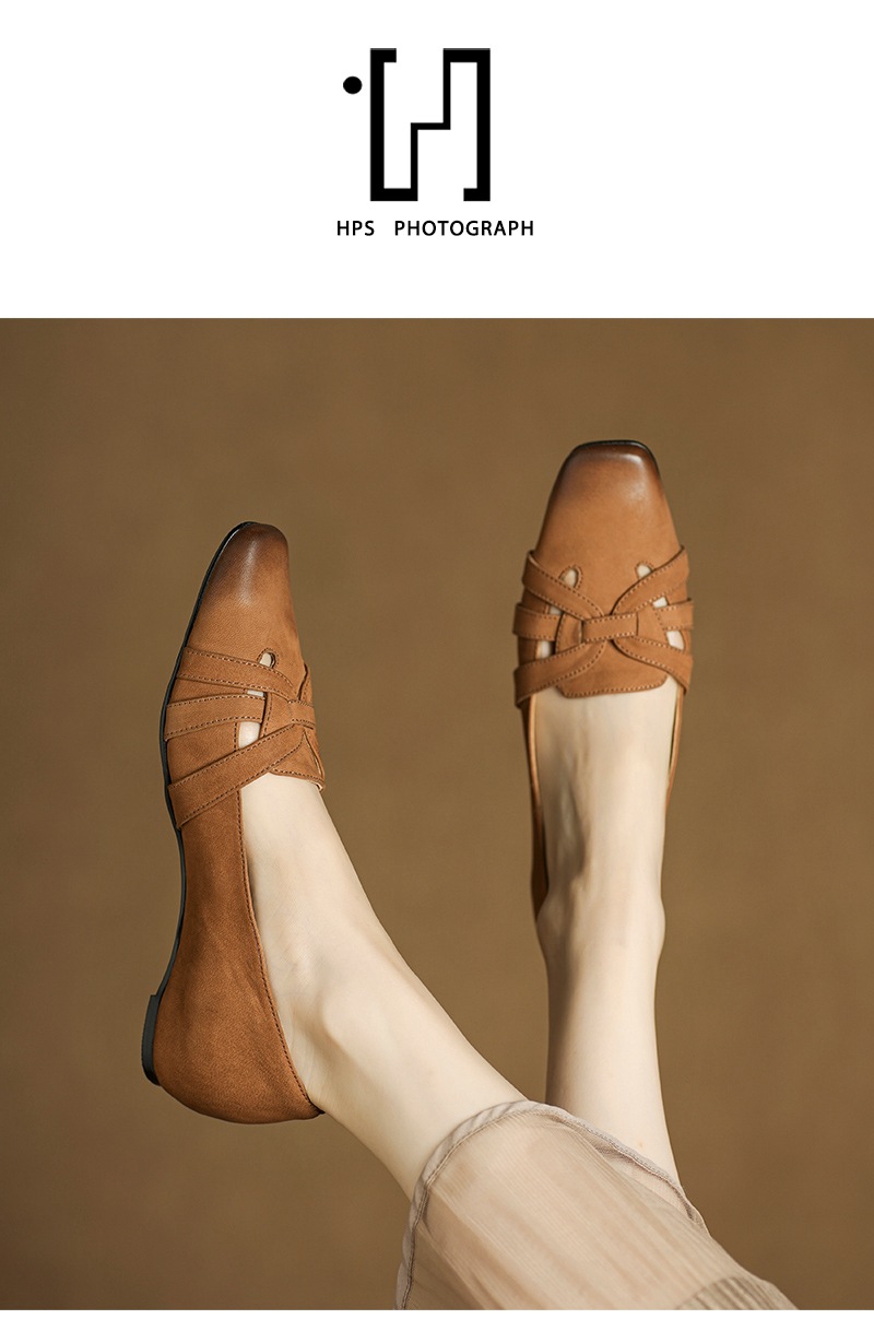 Giày ballet nữ mũi vuông da cừu đế bệt quai mảnh phong cách cổ điển — màu nâu chi tiết 12