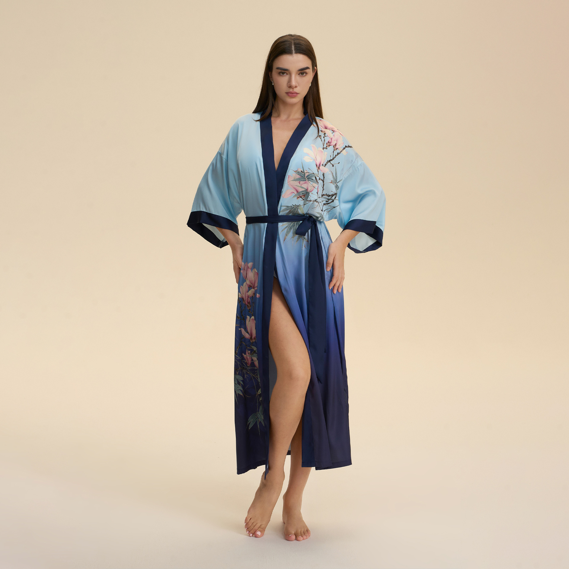 Moda transfronteriza nueva impresión floral satin chiffon camisa kimono damas cuello bata elegante ropa WP3978