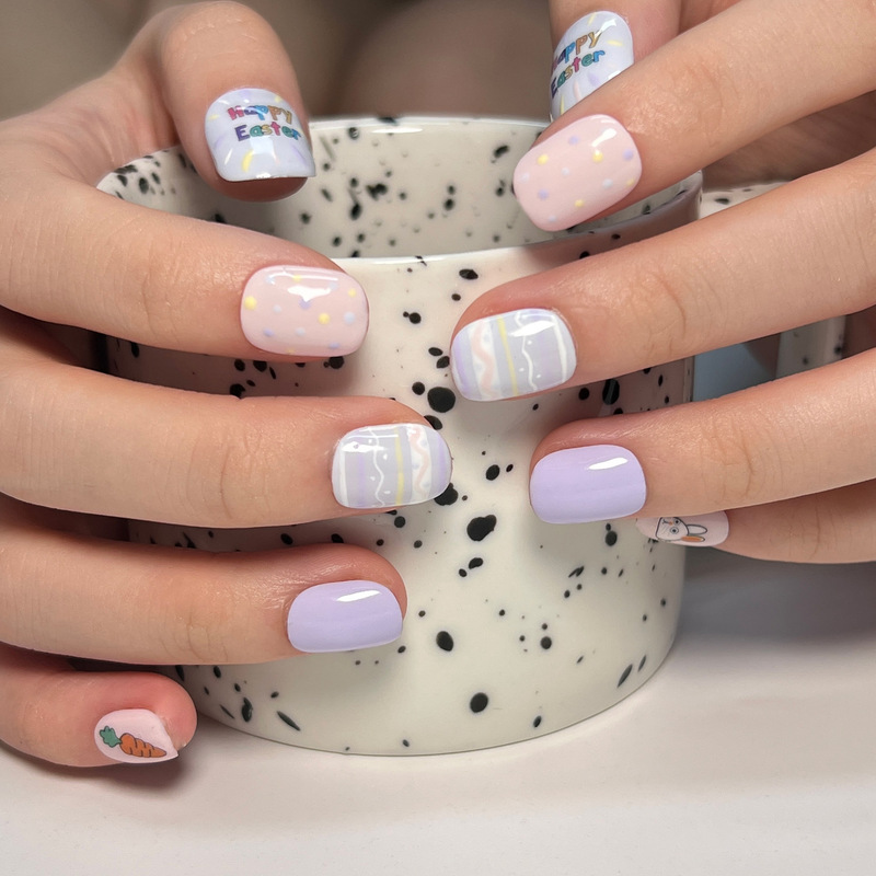 Wear a cross-border cute cartoon fake nails Easter rabbit radish nail slices short nail slices finished wholesale Wear a cross-border cute cartoon fake nails Easter rabbit radish nail slices short nail slices finished wholesale