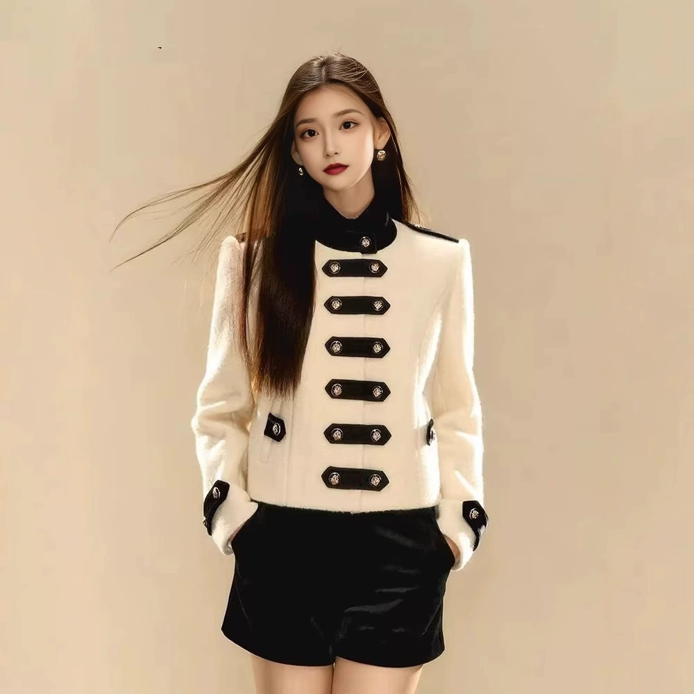 Премиум Чувство контрастного двухбортного шерстяной шерстяной куртки женский осень и зима 2024 новый темперамент легкий и роскошный модный куртка топ