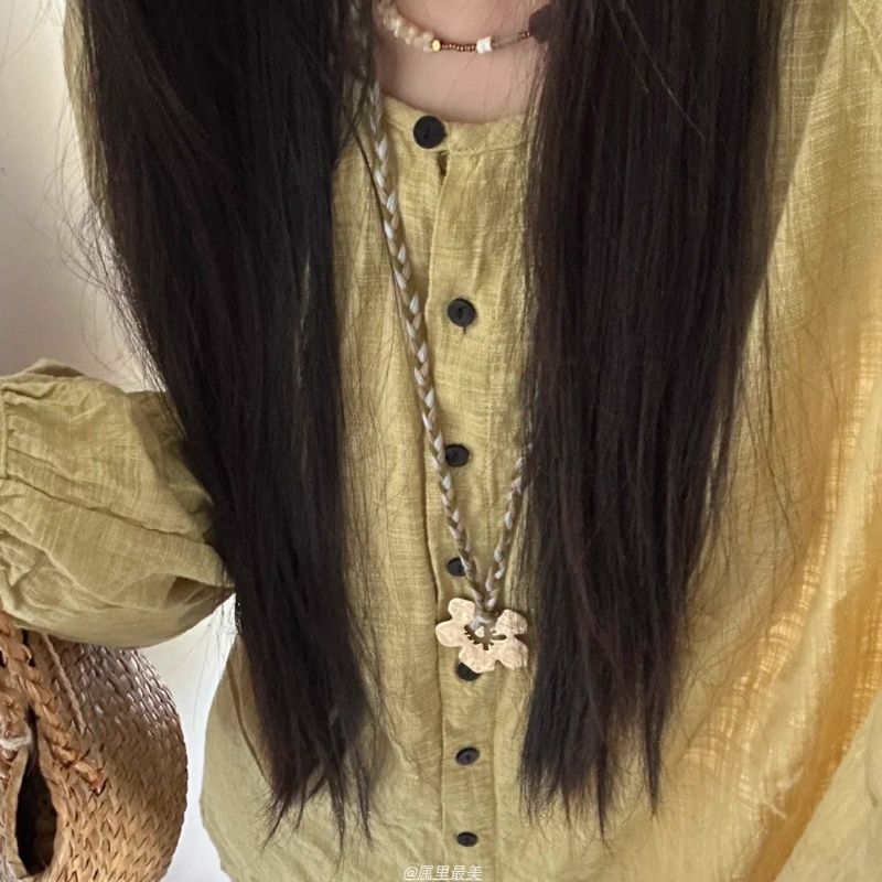 度假风镂空金属扶桑花朵吊坠绿色编绳项链女小众设计长毛衣链配饰|undefined
