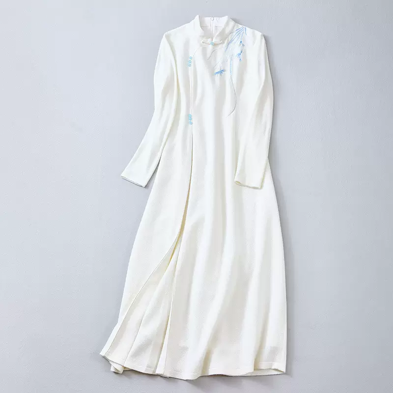 婵茶赋中式改良旗袍版立领素白禅意茶服文艺长袖唐装收腰连衣裙