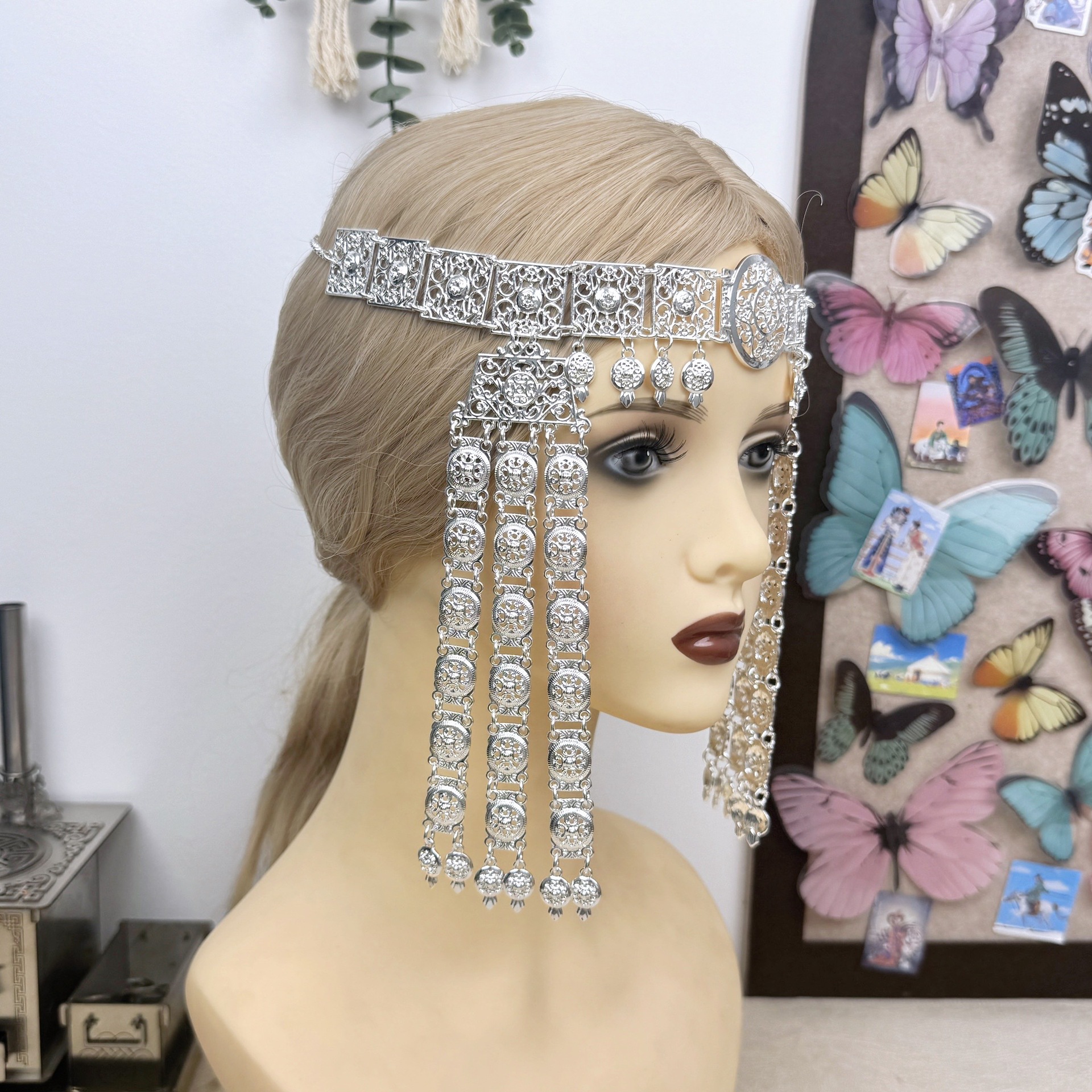Russian Yakut Zinc Alloy Headwear Ethnic Style Bright Silver Hair Chain Buryat Forehead Accessories