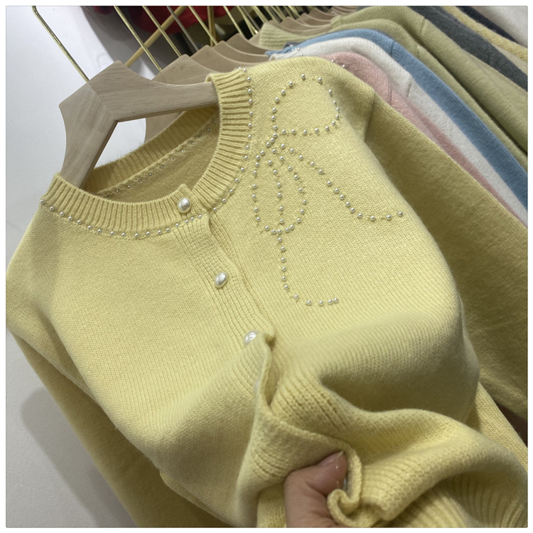 Women's Clothing Chic Embellished Bow Knit Cardigan For Women - Autumn Casual Long Sleeve Open Front Sweater (Blue, Yellow, Gray, Beige, Pink)​_voghion.com